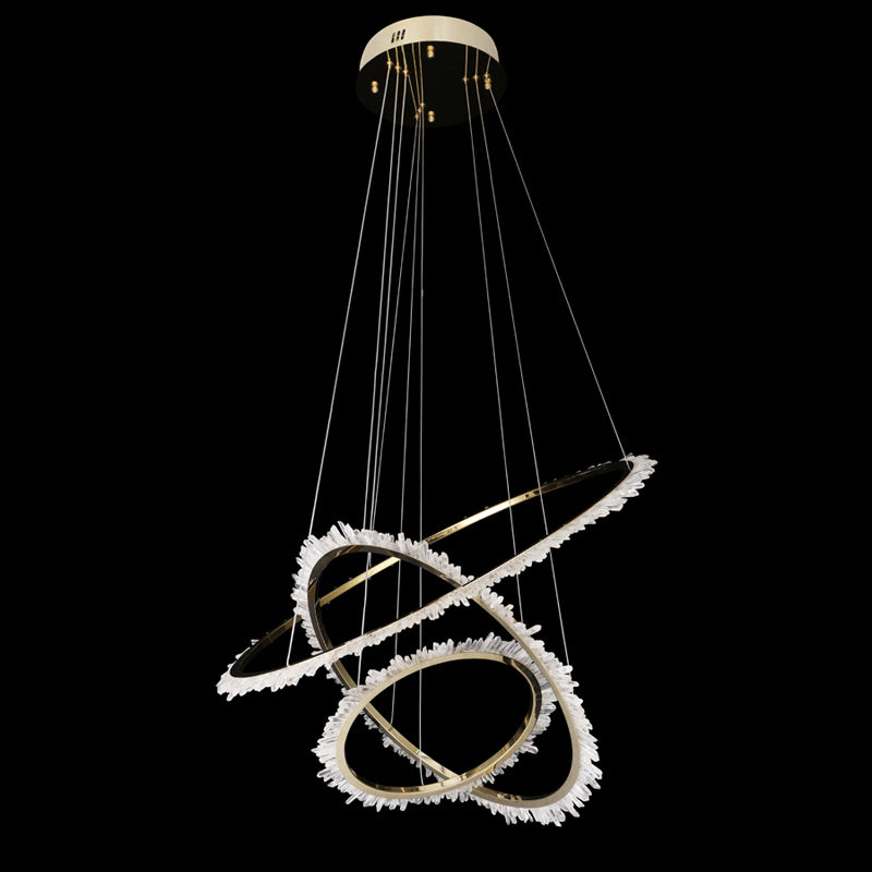 Champagne gold quartz crystal chandelier 3 rings pendant light handmade 71004