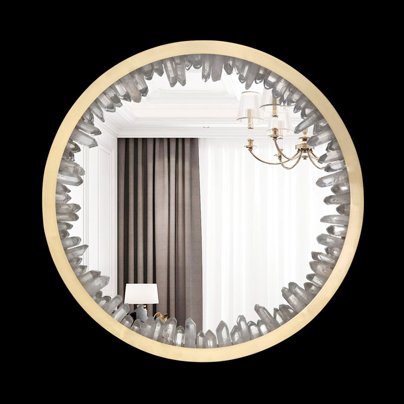 Round vanity-mirror lamp with natural crystal clear quartz tower 71027