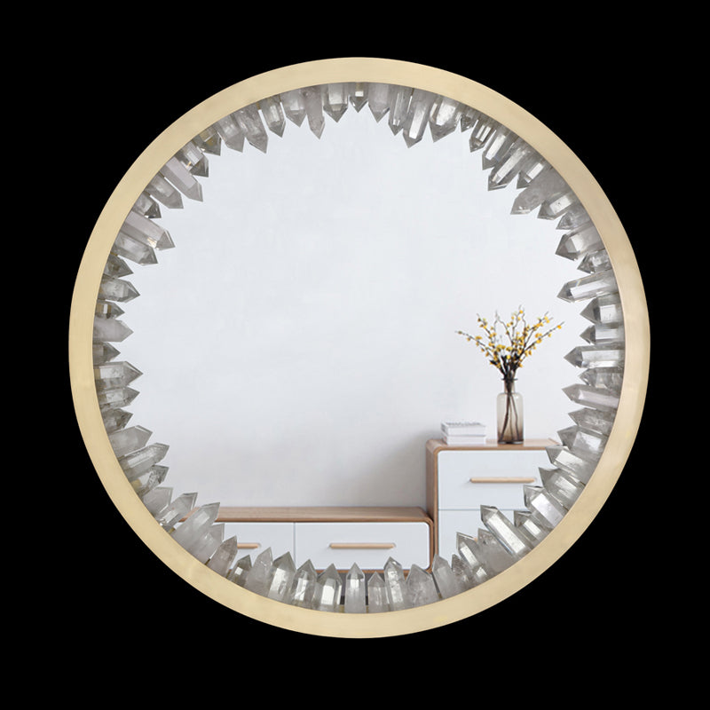 Round vanity-mirror lamp with natural crystal clear quartz tower 71027