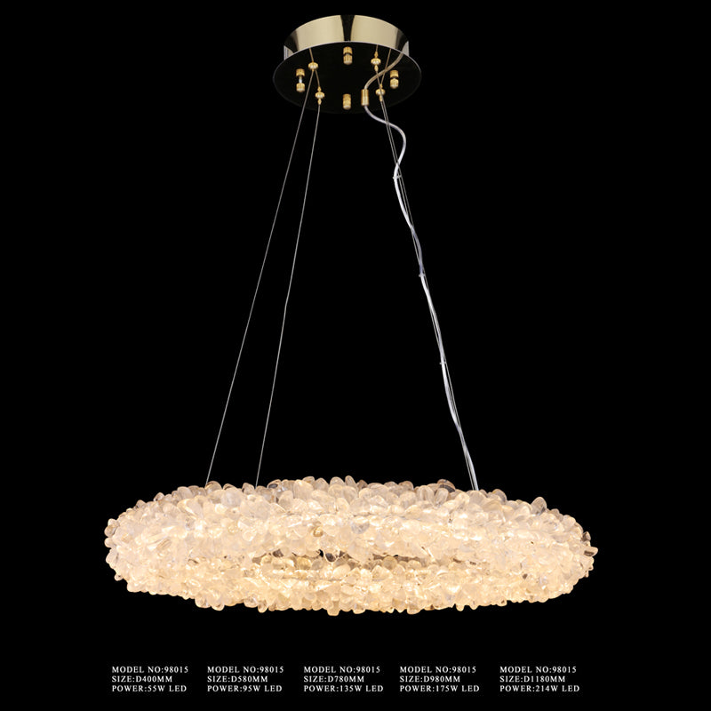 Round rock crystal pendant light with clear quartz tumbles handmade 71032